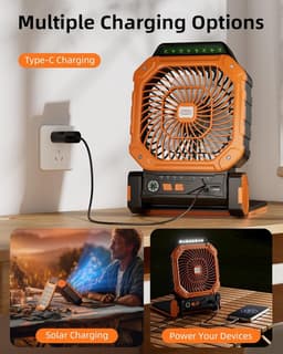 Solar Ventilator Met Oplaadbare Batterij - 4 Standen + LED Zaklamp - Met Afstandsbediening & Timer (2/4/8u) - USB-C/Zonne-energie - Compact Camping Design - Oranje — thumbnail 5