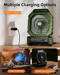 Solar Ventilator Met Oplaadbare Batterij - 4 Standen + 3 LED Zaklamp - Met Afstandsbediening & Timer (2/4/8u) - USB-C/Zonne-energie - Compact Camping Design - Groen — thumbnail 3