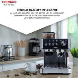 Tornado TCM-5431-GS - Pistonmachine met Bonenmaler - Halfautomatisch - 20 Bar - Dubbele Boiler - RVS — thumbnail 3