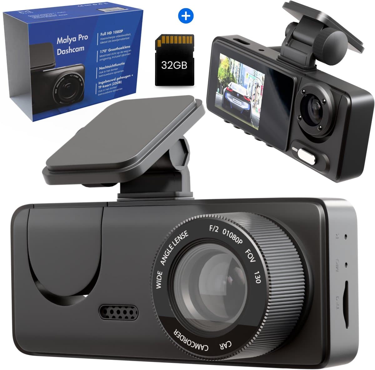 Dashcam Auto 3-Kanaals – Voor-, Binnen- & Achtercamera – Wifi – Incl. 32GB SD – Malya Pro — afbeelding 1