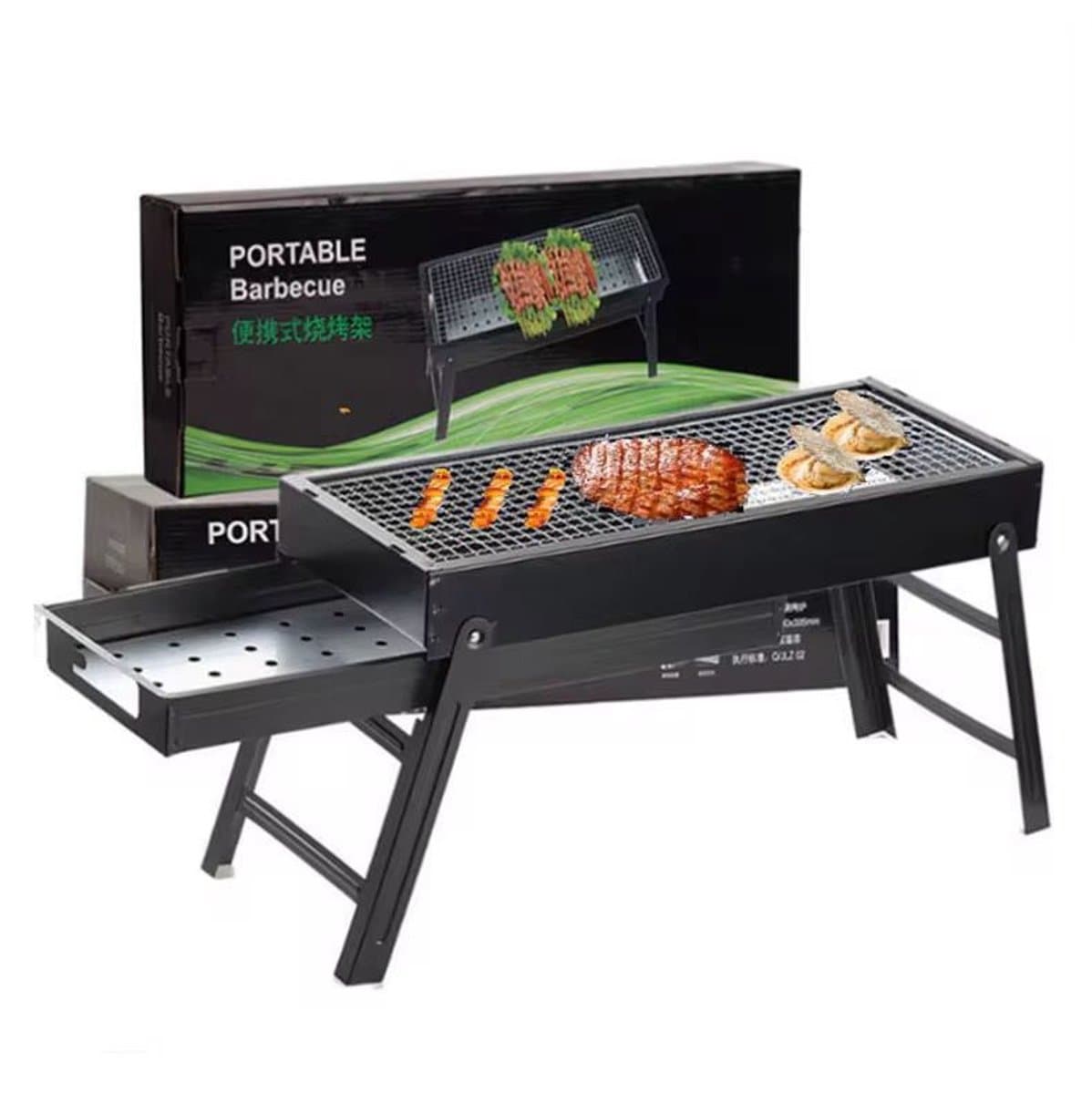Opvouwbare Houtskool Barbecue – Draagbare Rechthoekige BBQ Grill – Voor Camping, Tuin, Picknick of Terras – Ultralicht Metaal – Zwart – 60x22x32 cm — afbeelding 1