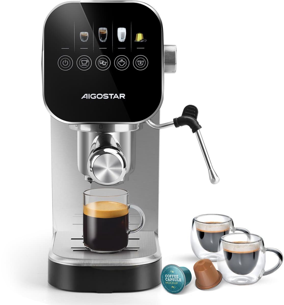 Aigostar Espressomachine 20 Bar - Pistonmachine met LCD Display - Geschikt voor Gemalen Koffie & Nespresso Capsules - RVS Melkopschuimer - Zilver — afbeelding 1