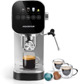 Aigostar Espressomachine 20 Bar - Pistonmachine met LCD Display - Geschikt voor Gemalen Koffie & Nespresso Capsules - RVS Melkopschuimer - Zilver — thumbnail 1