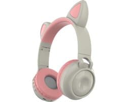 Kinder hoofdtelefoon - koptelefoon Bluetooth met led kattenoortjes miauw licht grijs - roze