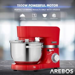 AREBOS Keukenmachine - 1500W - Keukenrobot - 5,5L&4,5L - Keukenmixer - Foodprocessor - Roestvrij Stalen Mengkom - 6 Snelheden - Rood — thumbnail 2