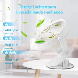Ventilator met Clip - USB - 360° Draaibaar - Tafelventilator - Eenvoudige bevestiging - 2600 mAh Accu Batterij - Extra Stil - Wit - Qwality® — thumbnail 2
