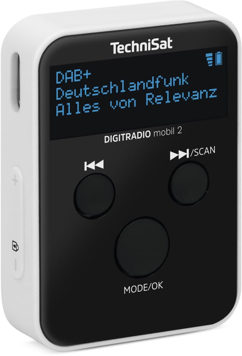 TechniSat DIGITRADIO mobil 2 – draagbare DAB+/FM mini-radio met geïntegreerde accu (oplaadbare zakradio, hoofdtelefoon, OLED-display, favorietengeheugen) zwart/wit — afbeelding 1