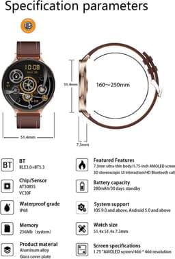 WizBay Premium Select® Ultra Thin Smartwatch 1.75inch AMOLED - Bellen - AI Voice Assist - Hart Monitor - O2 Bloeddrukmeter - Multi Sport Modi - Slaap - Message - Smartwatches - Gouden Case Lederen Band Bruin - 2 Extra Banden - RVS Goud en TPU Rosé — thumbnail 5