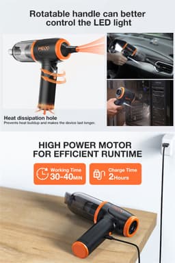 4-in-1 Stofblazer Luchtdruk, Handstofzuiger 3-Gang Air Duster 16000Pa Stofzuiger 2 Uur Snelladen met Mondstukken - Oranje — thumbnail 3