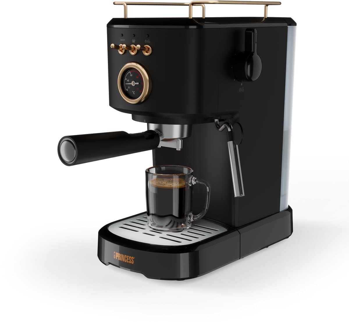Princess 249417 Espressomachine – 20 Bar – Geschikt voor Gemalen Koffie, Pads & Cups – Met Melkopschuimer – 1,2L Watertank – 2 Kopjes Tegelijk – Kopjesverwarmer – Zwart – Cappuccino & Latte Machine — afbeelding 1