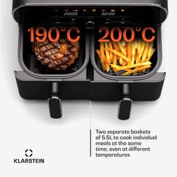 Klarstein AuraAir Color Touch Dual Heteluchtfriteuse – 10 liter heteluchtfriteuse met twee compartimenten, 1700 W, 8 programma's, touchscreen, 75% minder vet, antiaanbaklaag, oververhittingsbeveiliging, zwart/zilver — thumbnail 4