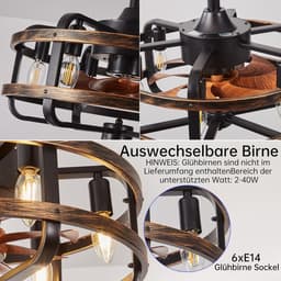 LuxiLamps - Kooi Ventilator - Moderne Plafondventilator - Zwart/Bruin - 3 Snelheden - 50 cm - Dimbaar Met Afstandsbediening - Kroonluchter Ventilator - Woonkamer Lamp — thumbnail 2