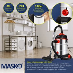 MASKO® Alleszuiger Nat- en Droogzuiger 1800W + stopcontact, Blaasfunctie, Droog- & natzuigen | Industriële stofzuiger vuilreservoir 30L Bouwstofzuiger - Rood — thumbnail 5