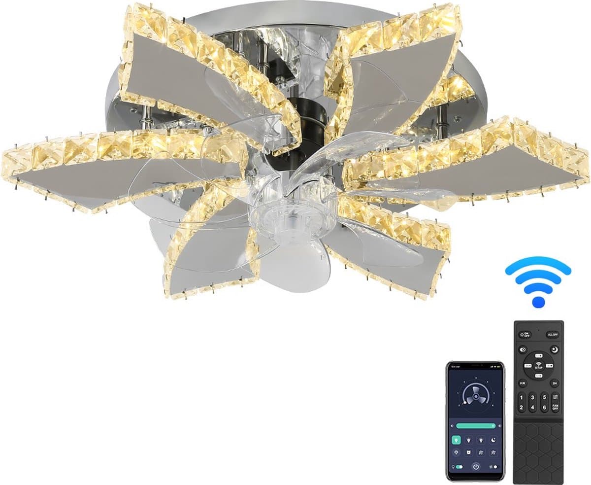 Kristallen Ventilator Lamp - Smart Lamp - 6 Standen - Dimbaar - Afstandsbediening & APP Bluetooth - Plafondventilator - Voor Woonkamer en Slaapkamer — afbeelding 1