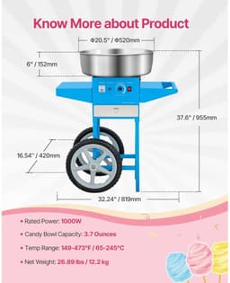 Velori Suikerspinmachine met Kar Roze 1000W - Professionele Cotton Candy Machine - 6 Suikerspinnen per Minuut - Temperatuurregeling - Feest Evenement Kermis — thumbnail 2
