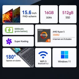Ninkear A15 Air Laptop 15,6 Inch – AMD Ryzen 5 3500U – 16GB RAM – 512GB SATA SSD – Vega 8 – Windows 11 – Licht & SnelWerk Studie Dagelijks Gebruik – 15,6 Inch – Snelle Prestaties – Zilver — thumbnail 4