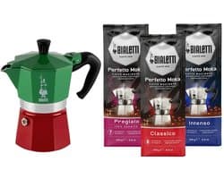 Bialetti Moka Express Italia 3 kops + Bialetti koffiepakket 3x250gr