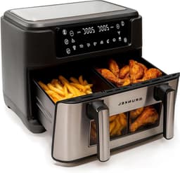 Luchtfriteuse Dubbele Tank - Heteluchtfriteuse Airfryer - Gezinsmaaltijden Bereiden - Onafhankelijke Mand Bediening - 9 Liter Capaciteit - Zwart en Zilver — thumbnail 1