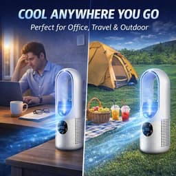 6-standen bladeloze elektrische ventilator met koelfunctie & 7-kleuren LED-verlichting – Draagbare tafelventilator met stille, krachtige luchtstroom (Blauw) — thumbnail 3
