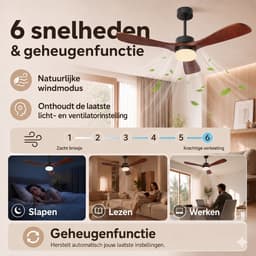 MUPOO hout Grote Plafondventilator met Verlichting 132 cm -Stille DC Motor- Zomer- en Winterstand & Dimbare-APP & Afstandsbediening -6 Snelheden & Timer- Houten Bladen- Ventilator Lamp Plafond voor Woonkamer, Slaapkamer & Eetkamer — thumbnail 3