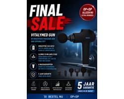VitalyMed Gun massage pistool - massage gun - 5 jaar garantie - 5 uur accuduur - 6 massagekoppen inclusief - professioneel massage gun voor rug, nek, schouders, benen en armen geschikt voor bindweefselmassage en ontspanningsmassage