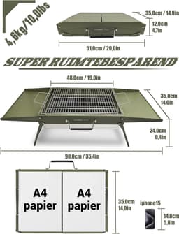 Houtskoolgrill Opvouwbaar 51 x 35 cm - Draagbare BBQ Grill voor Camping, Picknick, Tuin en Strand - Groen — thumbnail 2