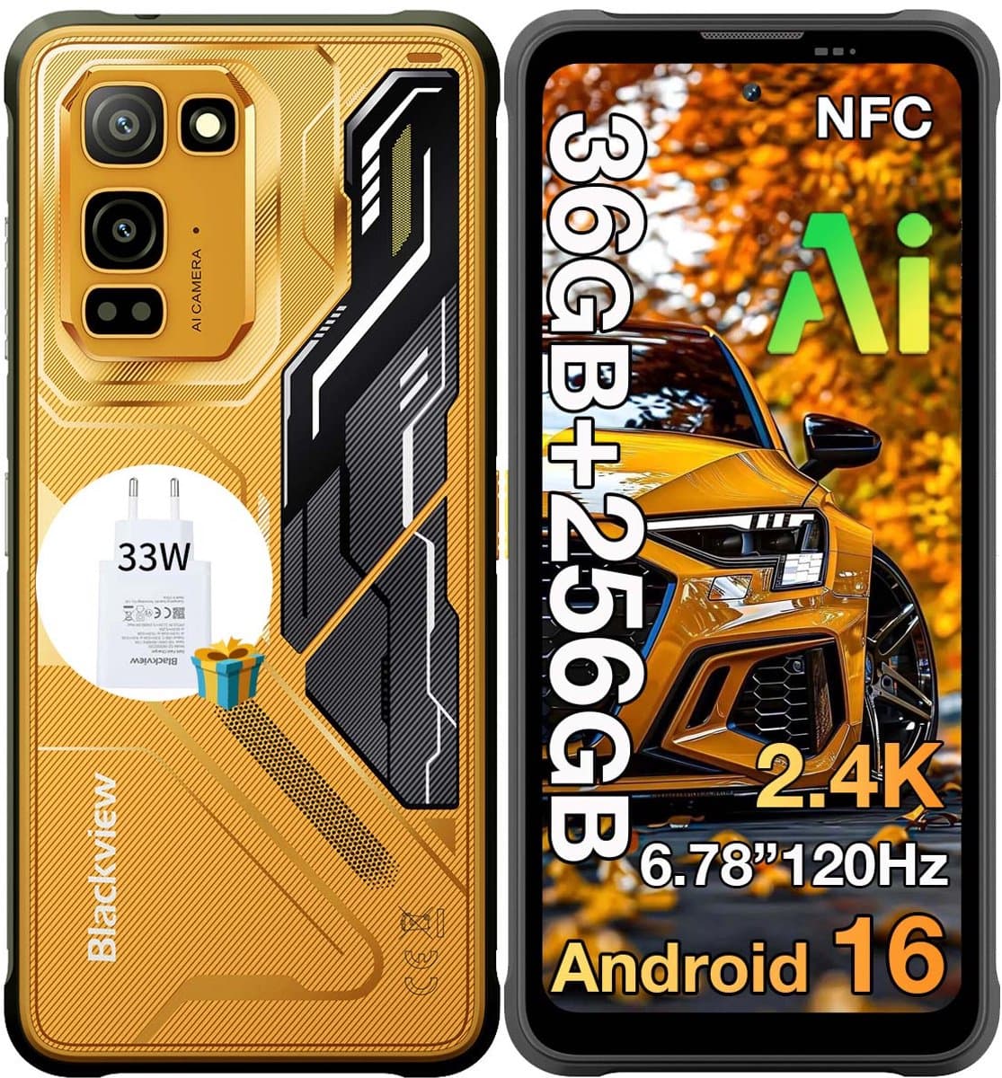 Blackview FORT 5 Robuuste Smartphone - 36GB RAM+256GB ROM - 5000 mAh Met 33W-adapter - 6,78 inch 120Hz - Android 16 - Dual SIM 4G - 108MP+50MP AI-Camera - Nachtzicht - IP68/IP69K Outdoor Telefoon - NFC GPS OTG FM - Geel — afbeelding 1
