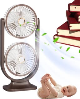 KZQ Bruine dubbele tafelventilator – draadloos, oplaadbaar, 5 snelheden, 360° verstelbaar, met nachtlampje, voor kantoor of thuis — thumbnail 1