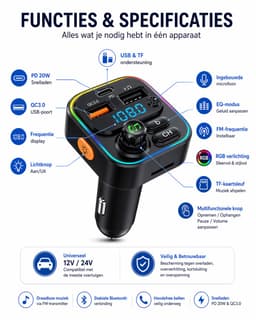 Mexhive® FM Transmitter Bluetooth Auto – Handsfree Carkit – USB-C 22.5W Snellader – Bluetooth 5.3 – MicroSD – 12V/24V — thumbnail 2
