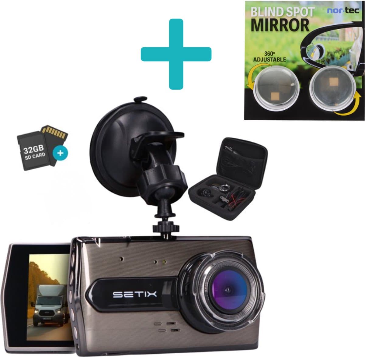 Setix Dashcam Go met Dode Hoek Spiegels - Voor en Achter Camera – Inclusief 32GB SD kaart - Full HD 1080P Resolutie – Met Opbergcase tegen Diefstal - Nachtzicht – Plug & Play - Parkeermodus - 170 Graden Kijkhoek – Loop Recording – 2025 Auto Camera — afbeelding 1