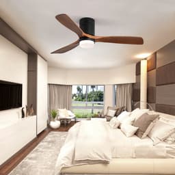 Plafondventilator Met Lamp - Stille ventilator - 3 Hout Bladen - Ø 52 inch - Dimbare lamp met 3 lichtstanden - 6 standen voor de windkracht - Met Afstandsbediening - LED's Light - Zwart — thumbnail 4