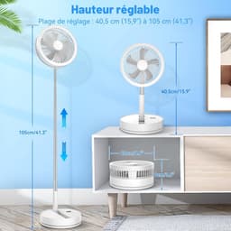 VHV-Draadloze Statiefventilato- Stille Tafelventilator en Staande Ventilator - Opvouwbaar en USB Oplaadbaar - 4 Snelheden en Timer - Wit — thumbnail 2
