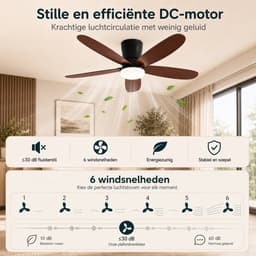 Rosnek Plafondventilator met Lamp voor Laag Plafond - Flush Mount - App & Remote - Dimbaar LED 18W - Fluisterstil - Zomer en Winter Stand - Geheugenfunctie - ⌀ 106 CM - Walnoot — thumbnail 4