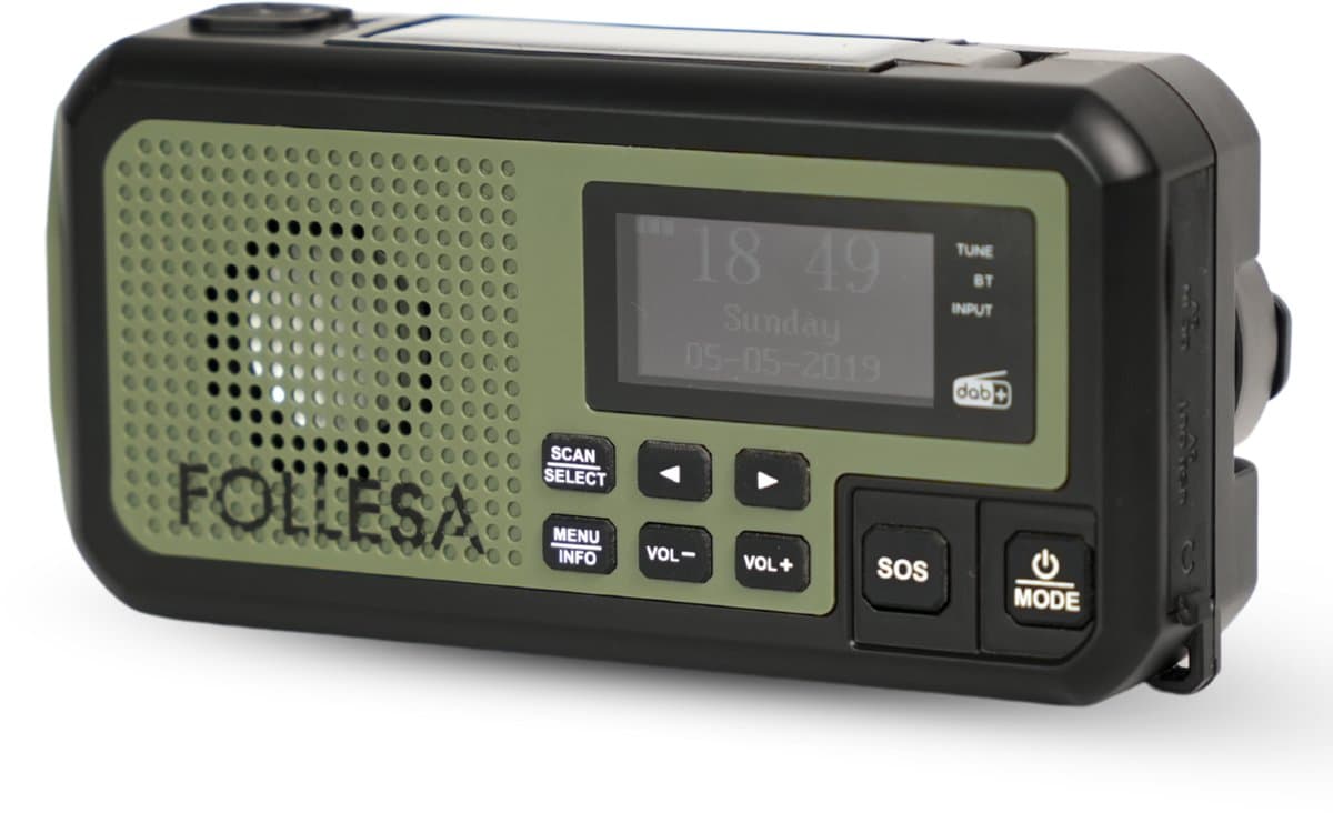 FOLLESA® DAB-373BT Noodradio - Solar Powerbank - 5000mAh - DAB+/FM - Met waterdicht zakje - Noodradio - Opwindbare Survivalradio - Bluetooth & Digitale Wekker - Ideaal voor Noodpakket. — afbeelding 1