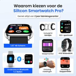 Siltcon® Smartwatch Dames Pro - Smartwatch Heren Pro - Sporthorloge Dames & Heren - Stappenteller Horloge - Hartslagmeter – Bloeddrukmeter - Slaapmonitor - Saturatiemeter - Belfunctie - Elke Smartphone - RVS - Incl. 4 Bandjes - Zilver — thumbnail 2