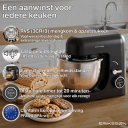 Erikssøn Kitchen Keukenmachine - 8 Snelheidsstanden Met Timer - 5L Mixer met Mengkom - 1400W - Keukenrobot - Keukenmixer - Foodprocessor - Zwart — thumbnail 2
