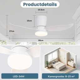 Stille Plafondventilator Met Verlichting - Plafondventilator Met Lamp - 95 Cm - 34W LED - Afstandsbediening - 6 Snelheden - Dimbaar - Timer - DC-Motor - 3 Bladen - Slaapkamer Ventilator - Woonkamer Ventilator — thumbnail 2