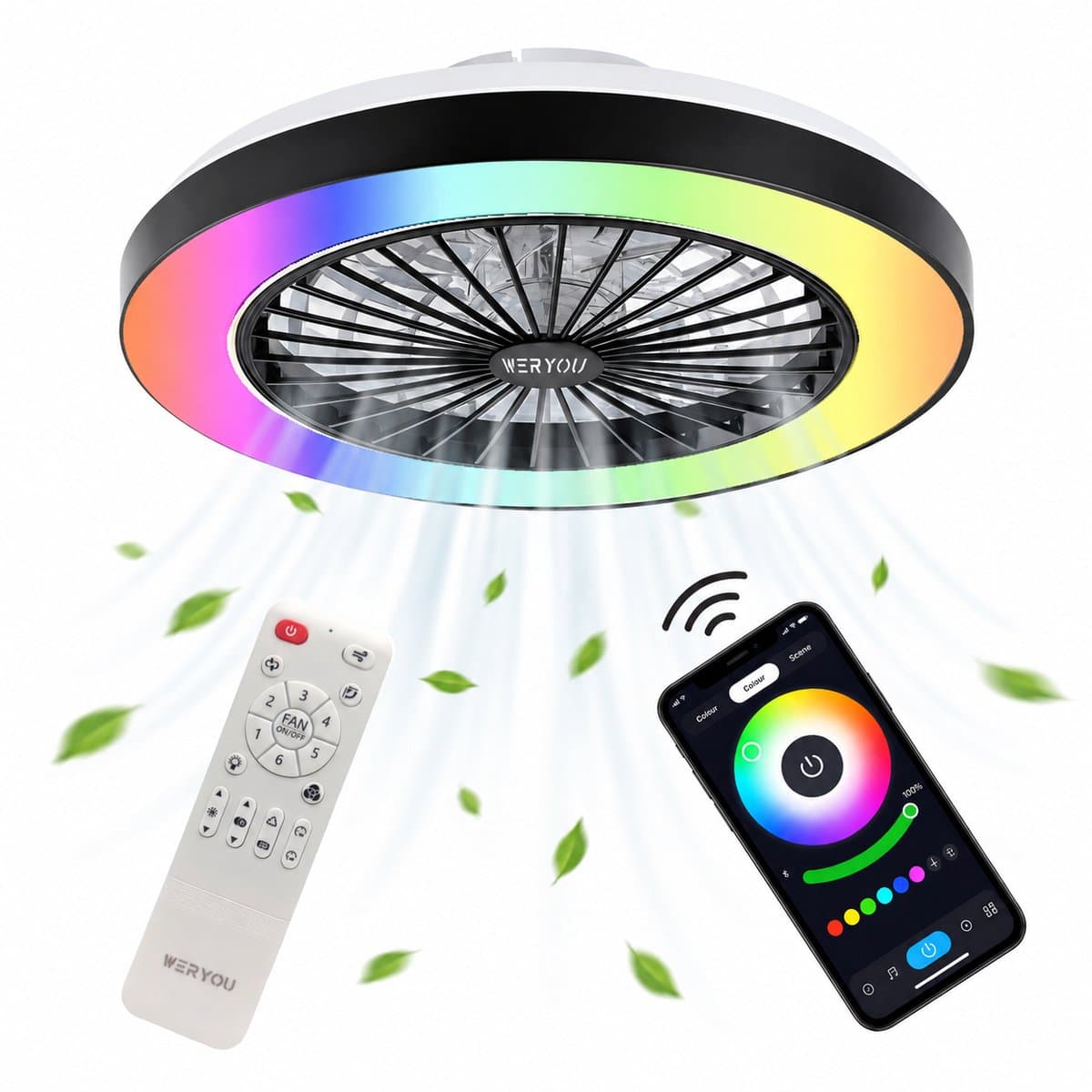 WERYOU® illuminAIR Plafondventilator - Plafonniere - Plafondventilator met Afstandsbediening - Plafondlamp - Plafond ventilator met Verlichting - Ventilator lamp - RGB Ledlamp — afbeelding 1