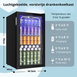 Novendo Goods - Drankenkoelkast 90L met glazen deur - Minibar voor 126 blikjes met LED en temperatuurregeling - Wijn en bier koelkast - Zwart RVS — thumbnail 2