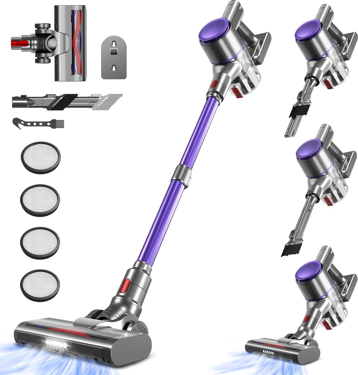 Elekiatech Steelstofzuiger- 46000Pa - 50 Minuten Gebruikstijd - 8 Kegel Filtersysteem Steelstofzuiger Draadloos - 1,5 L Stofbak - 2200 mAh Accu - voor Tapijten en Harde Vloere - Paars — afbeelding 1