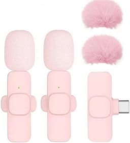 Draadloze Plug & Play-clipmicrofoon geschikt voor de telefoon - Mini-microfoon met ruisonderdrukking geschikt voor video-opnames, vloggen, podcasts en ASMR (roze, USB-C, met haren) — thumbnail 1