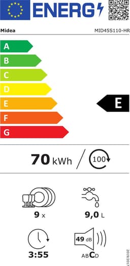 Midea MID45S110-HR - Vaatwasser - Volledig Ingebouwd - Bestekmand - E label - 49 dB - RVS - 9 couverts - 9 l Waterverbruik (per cyclus, gebaseerd op het ecoprogramma) — thumbnail 2
