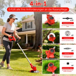 Accu grastrimmer met accu, gazonkantentrimmer met 2 accu's 21V en 4 mestypen + 1 tuinschaar, opvouwbare grasmaaier-Rood — thumbnail 2