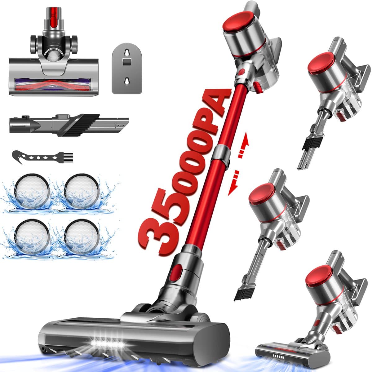 Authmic Steelstofzuiger Draadloos - 35.000Pa Zuigkracht - 6-in-1 Multifunctioneel Ontwerp - 6*2200mAh - 50 Min - GreenEye Technologie - Wandbeugel - Geschikt voor Huisdierharen, Tapijt en Harde Vloeren - Rood — afbeelding 1