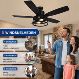 MUPOO Zwart Industrieel XXL Plafondventilator met Verlichting 132 cm -DC Motor <30dB&Afstandsbediening -Zomer- en winterstand- 6 Snelheden & Timer -voor Eetkamer ,Woonkamer & Terras-Walnoot houten ventilatorbladen — thumbnail 5