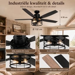 MUPOO Zwart Industrieel XXL Plafondventilator met Verlichting 132 cm -DC Motor <30dB&Afstandsbediening -Zomer- en winterstand- 6 Snelheden & Timer -voor Eetkamer ,Woonkamer & Terras-Walnoot houten ventilatorbladen — thumbnail 3