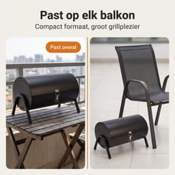 Cheqo® Houtskoolbarbecue - Barbecue Tafelmodel - BBQ Tafelmodel - Tafelbarbecue - Compacte Houtskool Grill - Kolen Barbecue - Draagbaar - voor Camping - Balkon - Picknick - Park en Strand - Cilindervorm - Deksel - Mat Zwart - Mini BBQ — thumbnail 4