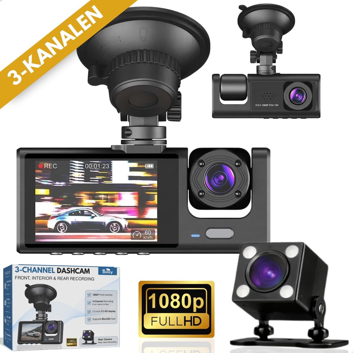 Boncy® Dashcam Voor Auto - 3 Kanalen Voor, Achter en Binnen Camera - 1080P Full HD - Dual Dashcams Met Achteruitrijcamera en Parkeermodus - G-Sensor - Nachtzicht - Loop Recording - 170 Graden Kijkhoek — afbeelding 1
