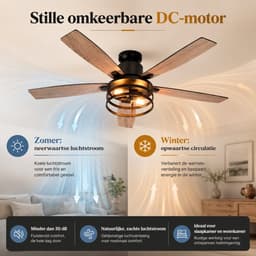 Rosnek Plafondventilator met Verlichting Ø132cm- Smart Lamp met Afstandsbediening - Plafonniere Keuken Lamp met 6 Ventilatiesnelheden - Plafond Ventilator Lamp met Timer, Landelijke Stijl voor Slaapkamer, Woonkamer & Terras — thumbnail 2