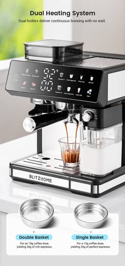 BlitzHome CM5710 Espressomachine Volautomatische met Geïntegreerde Koffiemolen, Dual Boiler, Melkopschuimer, Heet & Koud, Touchscreen Bediening, Snelle Bereiding, EU-Stekker — thumbnail 3